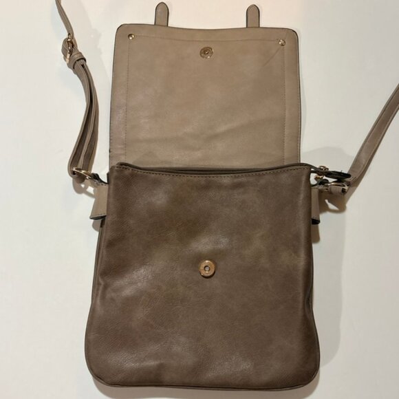ALYSSA Double Compartment Flap Crossbody Bag Taupe Faux Leather Gold Hardware - Picture 10 of 12